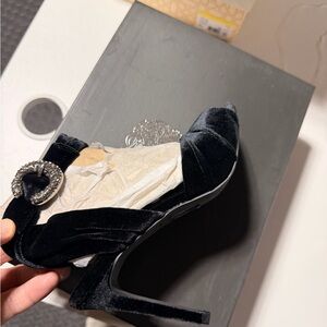 Black Velvet Dress Heel with Crystal Buckle